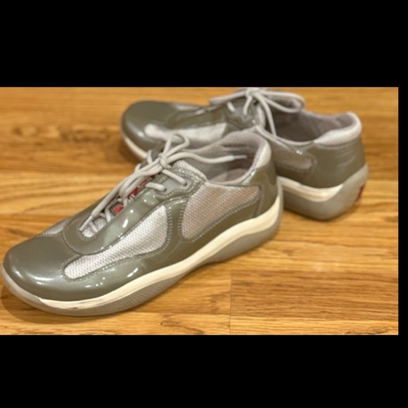 Prada America's Cup Sneakers Gunmetal Grey Patent Leather Mesh EU 37/US 7